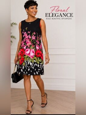 Connected Apparel Black Dress with Pink and Red Floral Print